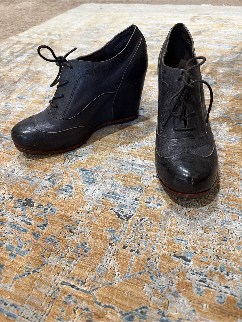 Kork-Ease Black Leather Lace-Up Wedge Booties